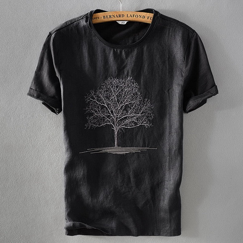 MEN'S LINEN T-SHIRT WITH EMBROIDERED WOOD