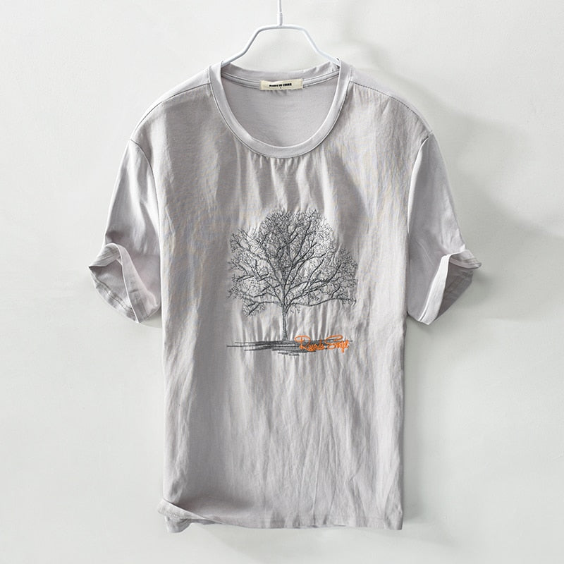 MEN'S LINEN T-SHIRT WITH EMBROIDERED WOOD