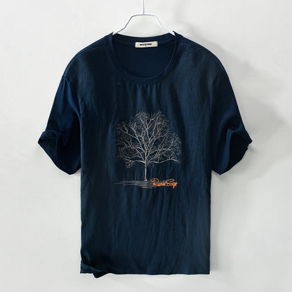 MEN'S LINEN T-SHIRT WITH EMBROIDERED WOOD