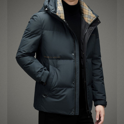 Insulated men's jacket with a hood.