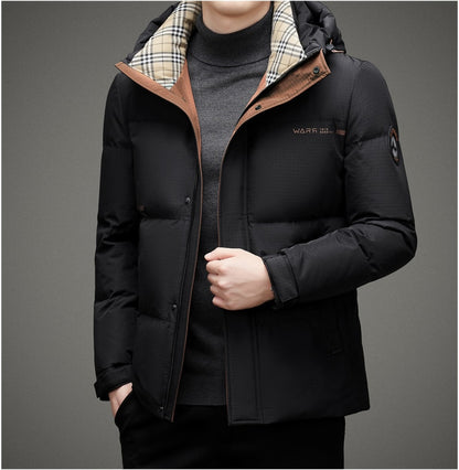 Insulated men's jacket with a hood.