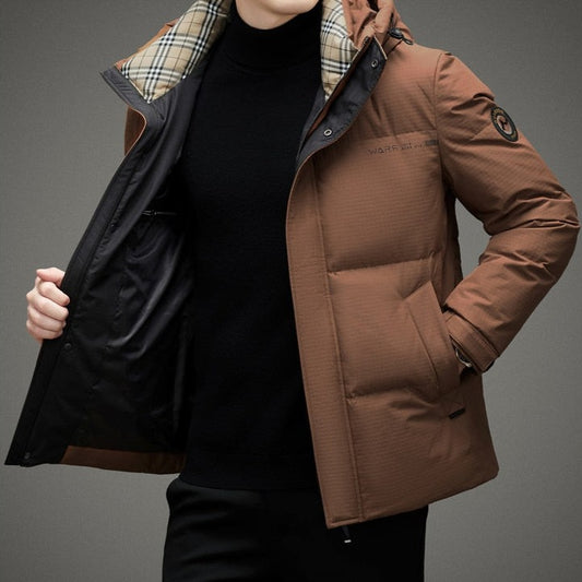 Insulated men's jacket with a hood.