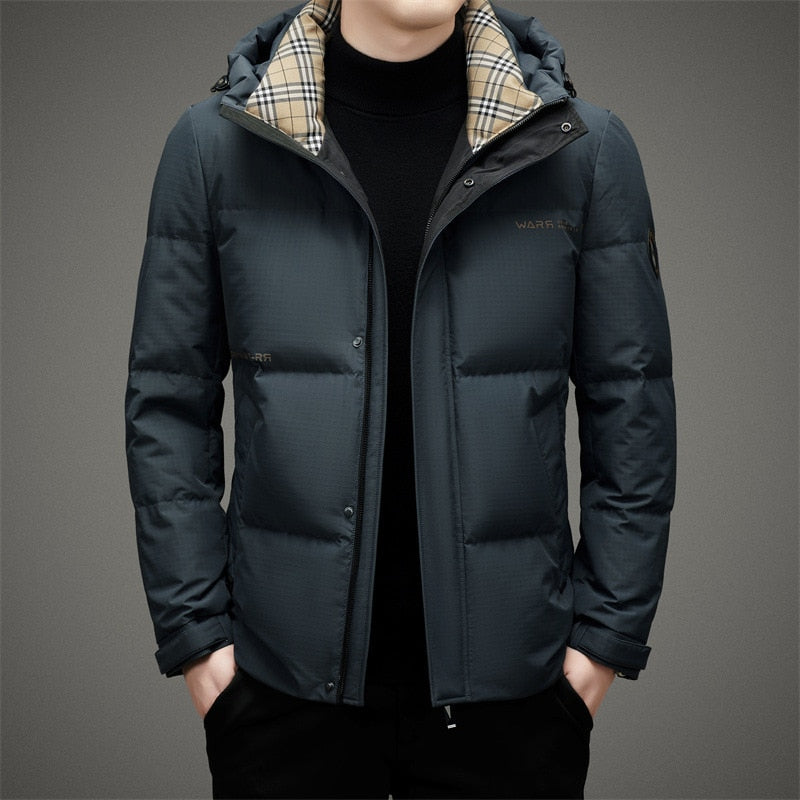 Insulated men's jacket with a hood.